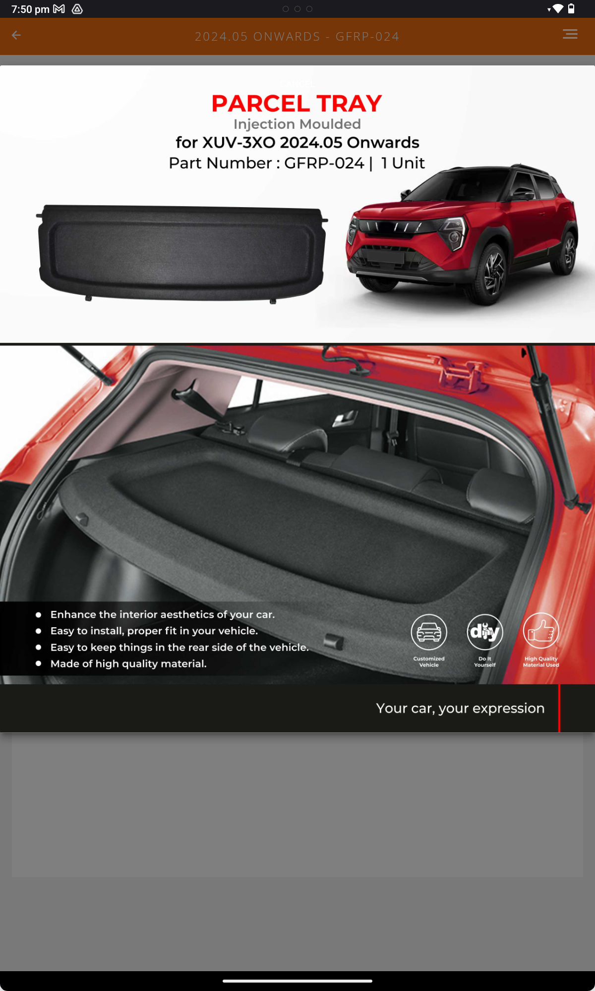 Mahindra 3XO Parcel Tray